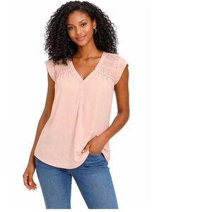 Les Serein Blush Pink Loose Fit Blouse Pintuck Detail Cap Sleeve Blouse Large